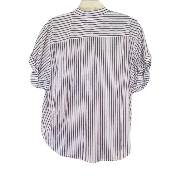 XiRENA White Black Pink Striped Rolled Cuff Short Sleeve Top Medium - Picture 2 of 12